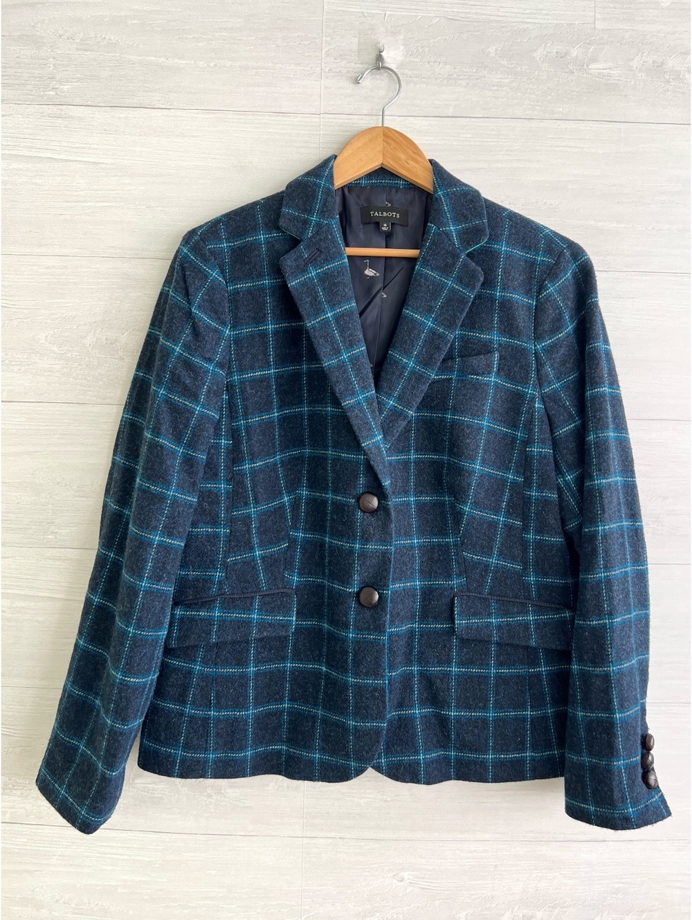 Talbots Women’s Size 16 Navy Teal Plaid Wool Blend Blazer Duck Lining Preppy